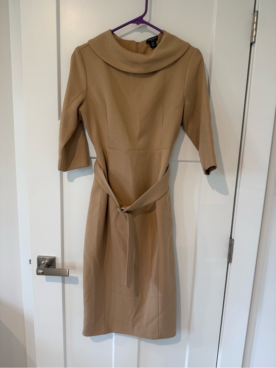 Karen Millen Dresses & Skirts - Karen Millen Camel Midi Crepe Structure Dress with Waist Tie 6 Petite